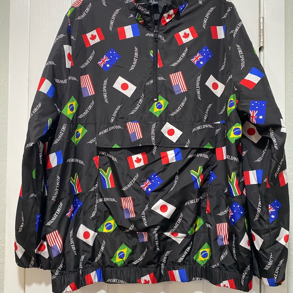 Forever 21 Worldwide Country Flag Logos Men's Pullover 1/4 Zip Jacket Size XL